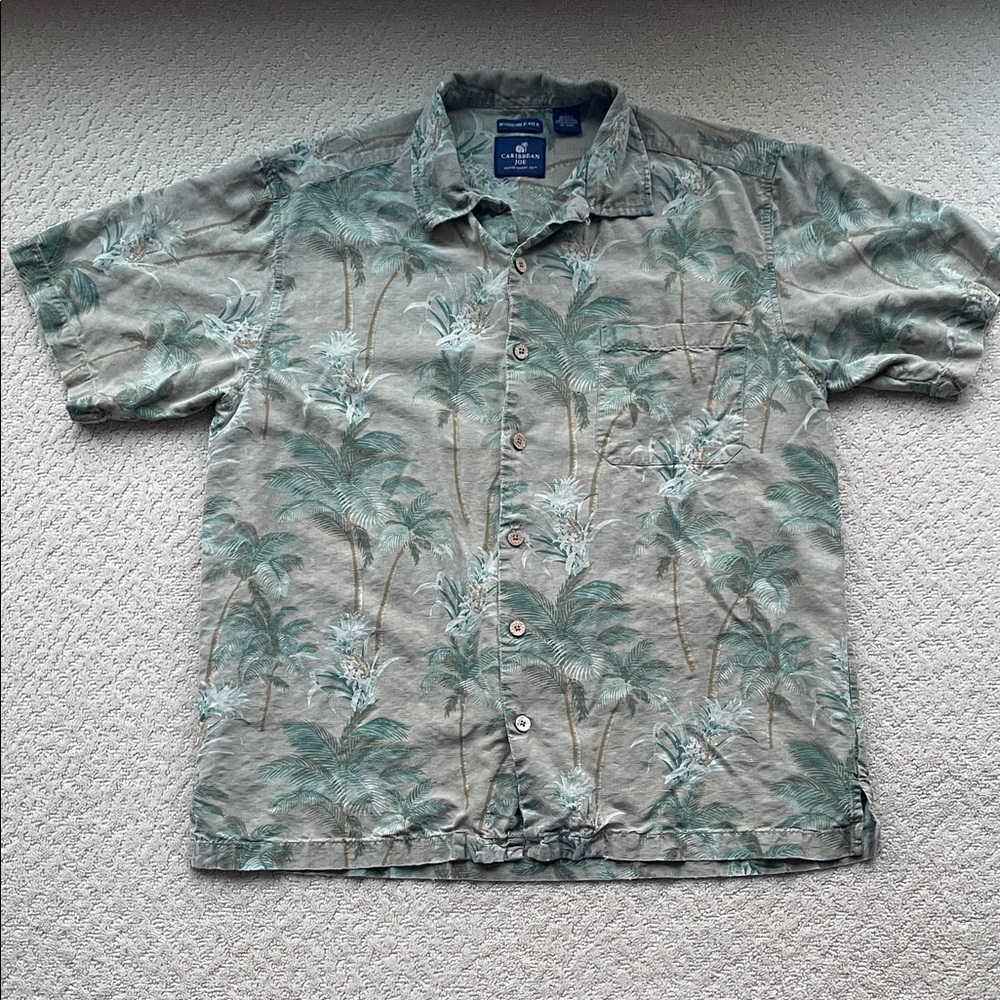 Caribbean Joe Men's Green Tan Palm Print Button Down Shirt 100% Silk Size Large